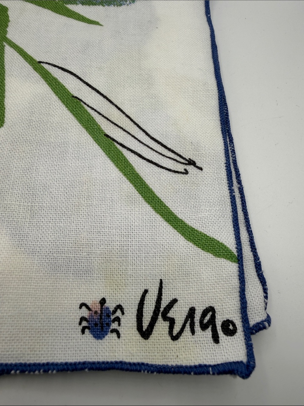 VTG Vera Neumann Blueberry Linen Napkin Blue Fruit Green Leaves Signed Ladybug. - Picture 10 of 12